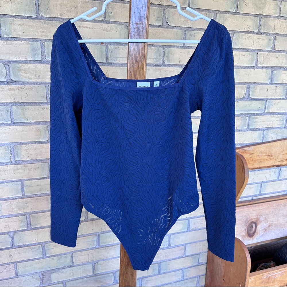 Babaton Squareneck Navy Blue Textured Bodysuit